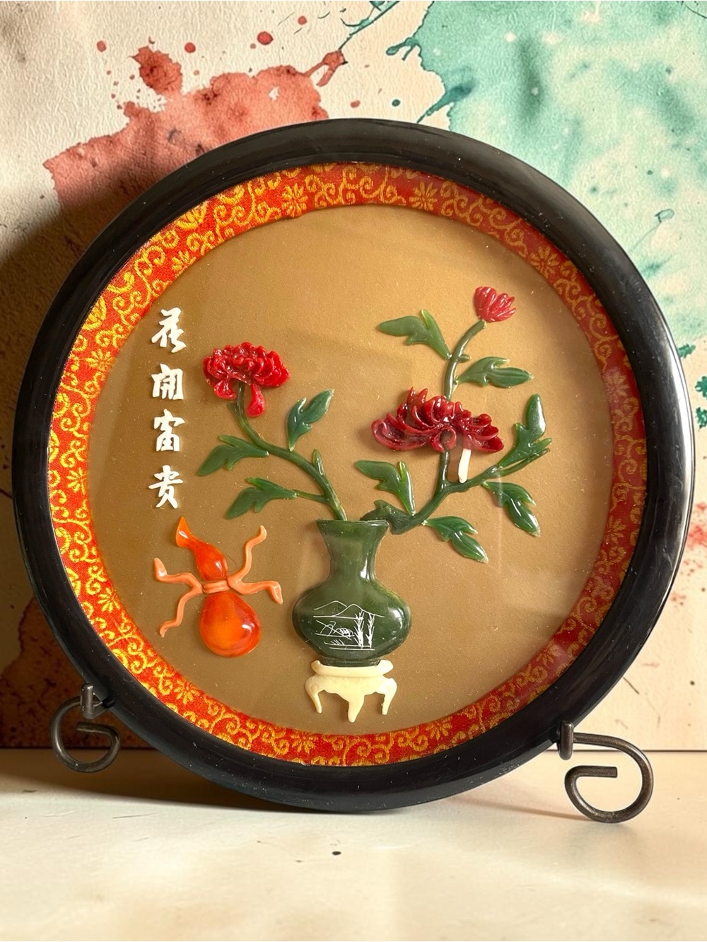 Vintage Chinese wall plaque, 3-D faux jade, classic Chinese spring blessing